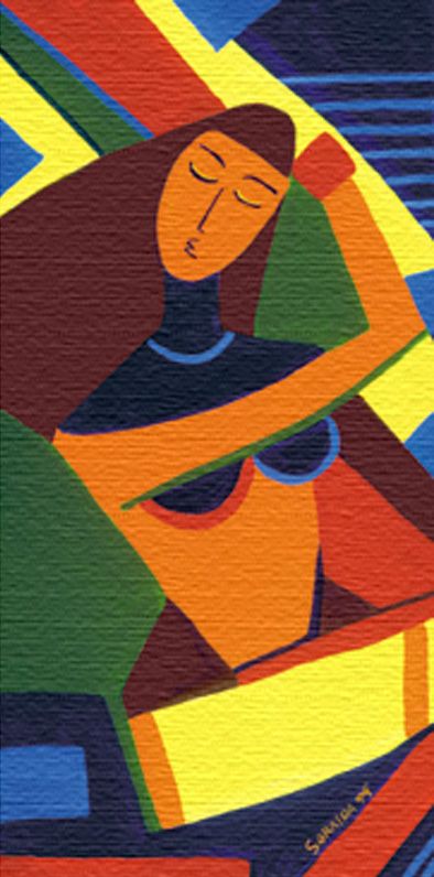 Verdadism painting: Stuck on That Damn Label Again Created 1994 Acrylics on Canvas 48"x24"